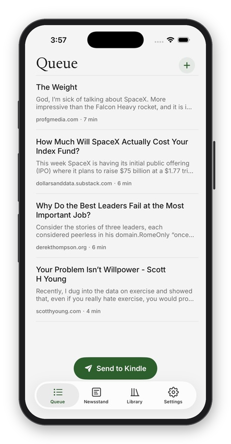 q2Kindle iPhone app showing the reading queue