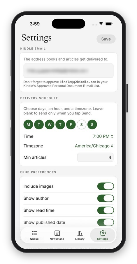 q2Kindle iPhone app showing settings